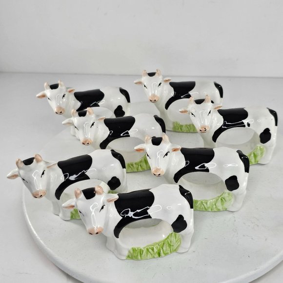 Cow Holstein Dairy Napkin Rings Ceramic Set Of 7 Kitsch Farm *Flaws* - Picture 3 of 9